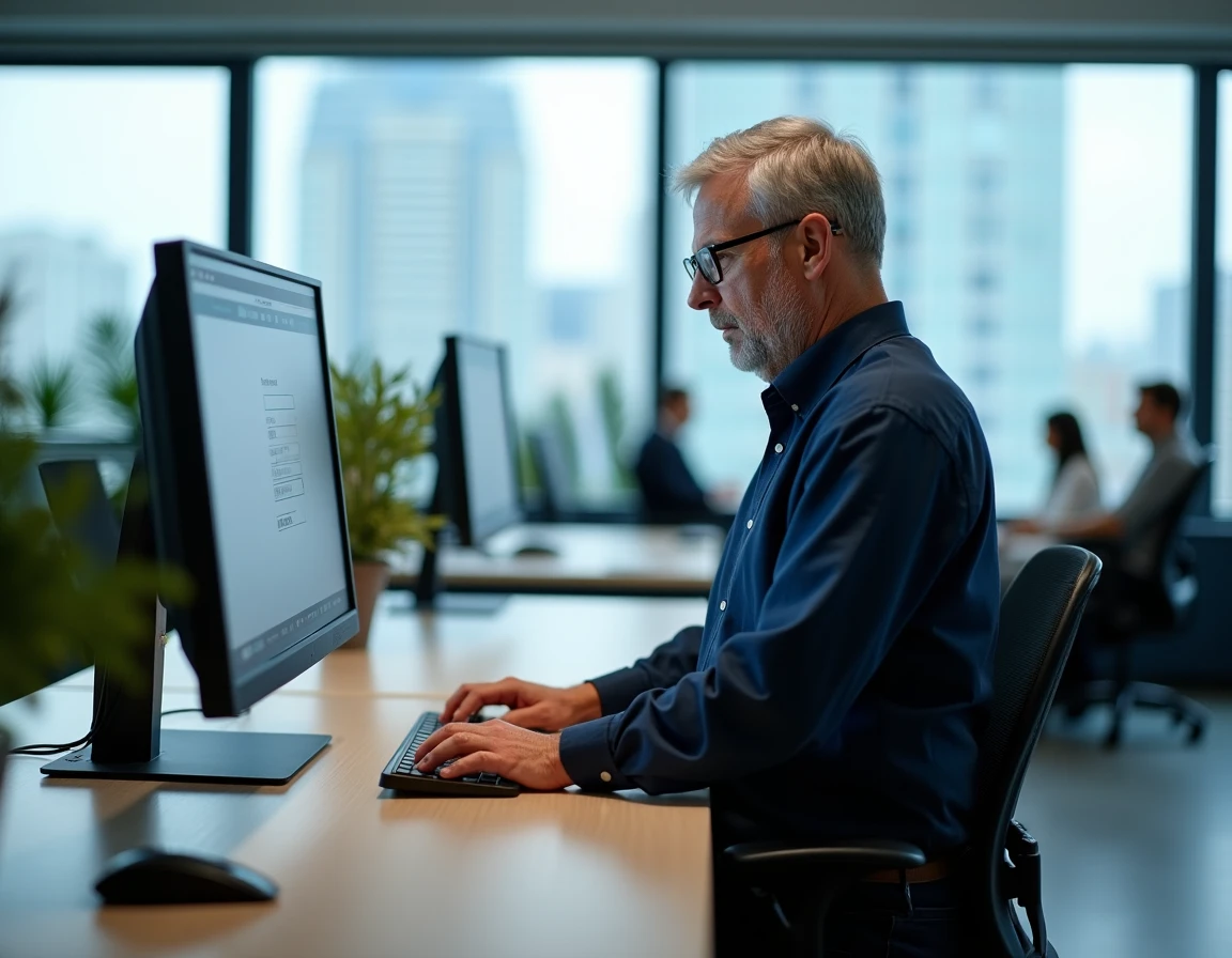 Administrateur de santé accédant au portail Medisys depuis un poste de travail en open space professionnel