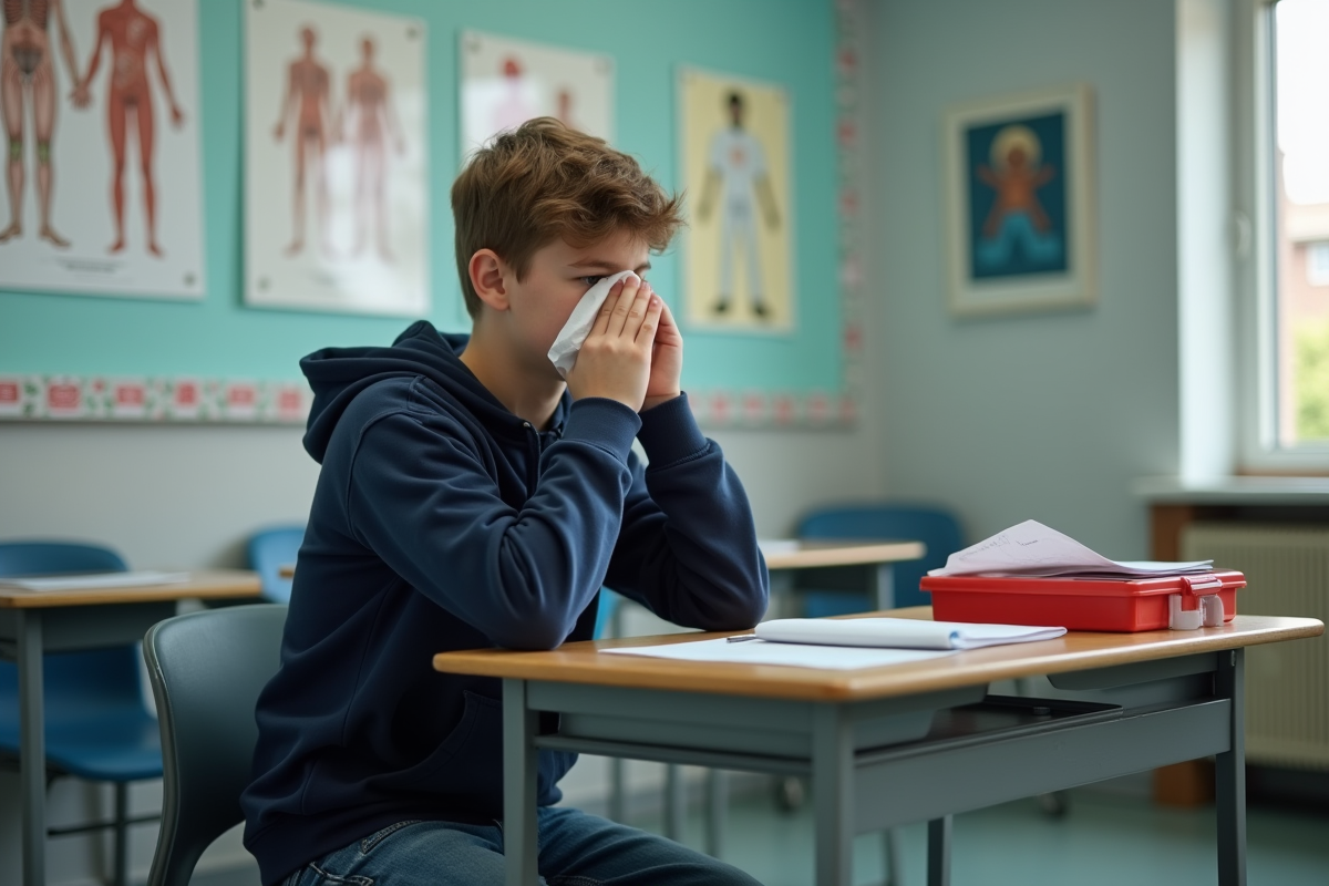 Adolescent en train d’éternuer avec un mouchoir dans un bureau scolaire