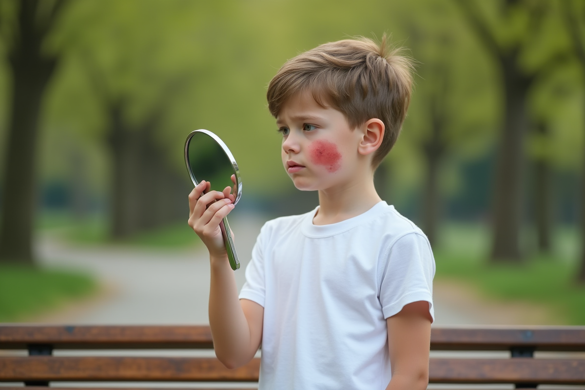 Adolescent regardant ses taches rouges dans un parc