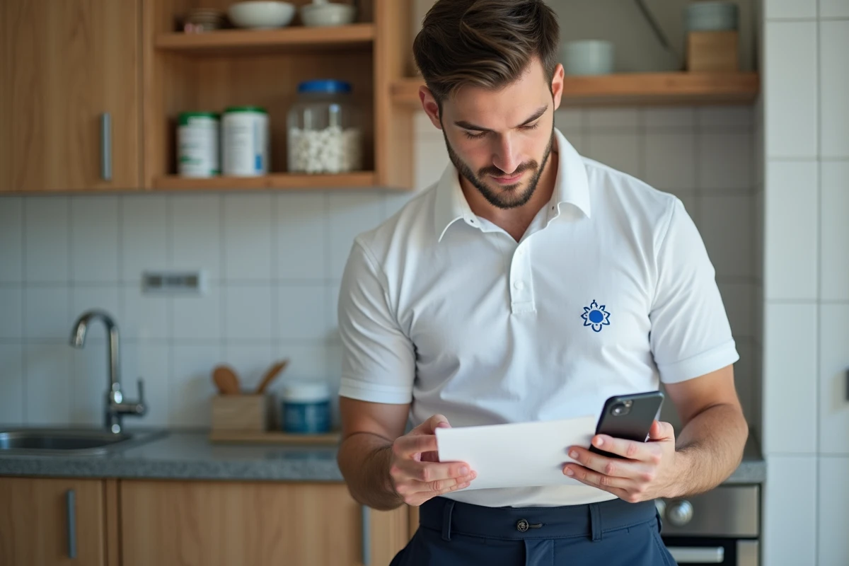 Aide-soignant à domicile consultant un plan de soins imprimé et une application de suivi sur smartphone dans une cuisine d'appartement