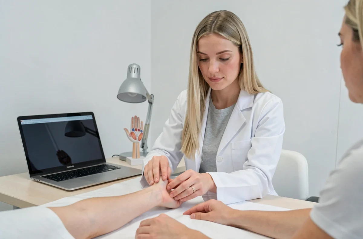 Alice Delabre ostéopathe réalisant une technique fasciale sur l'avant-bras d'un patient à Poitiers