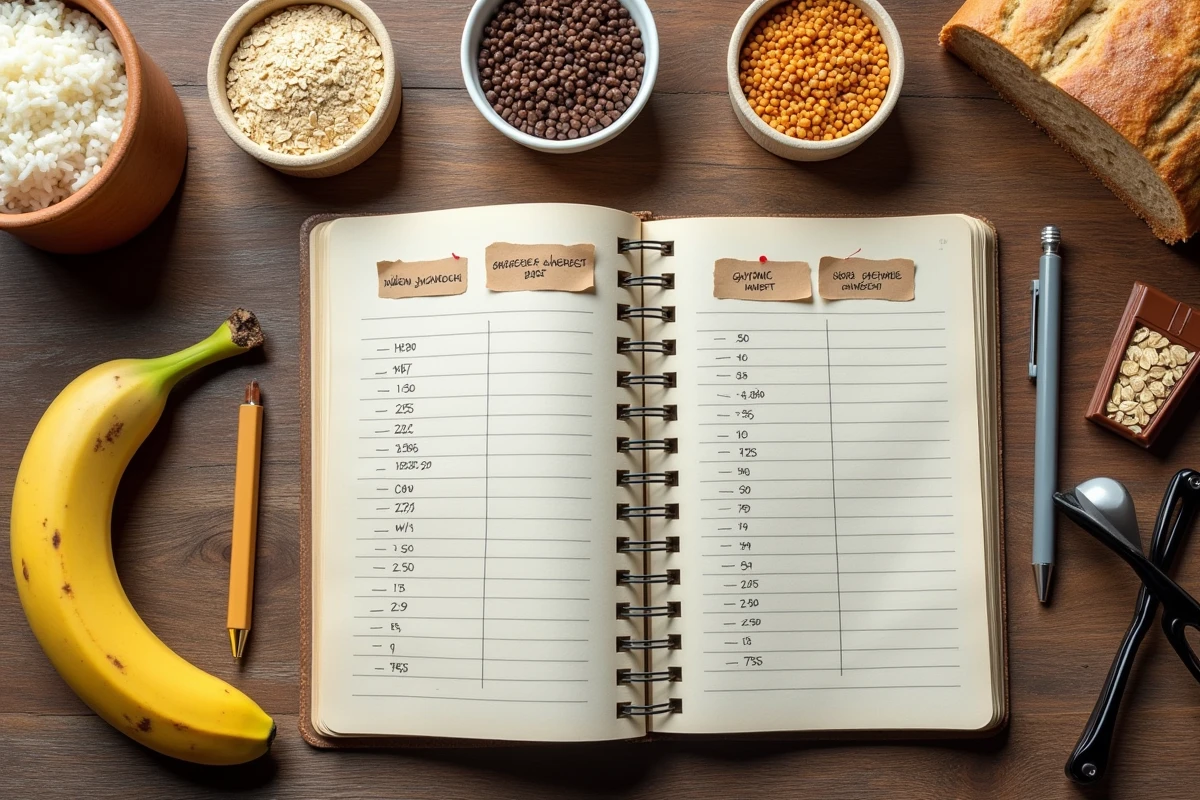 Vue aérienne d'aliments courants avec leurs valeurs d'index glycémique sur des fiches annotées