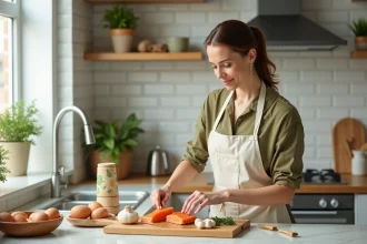 Femme préparant un plateau d'aliments riches en vitamine D comme le saumon, les œufs et les champignons dans une cuisine moderne