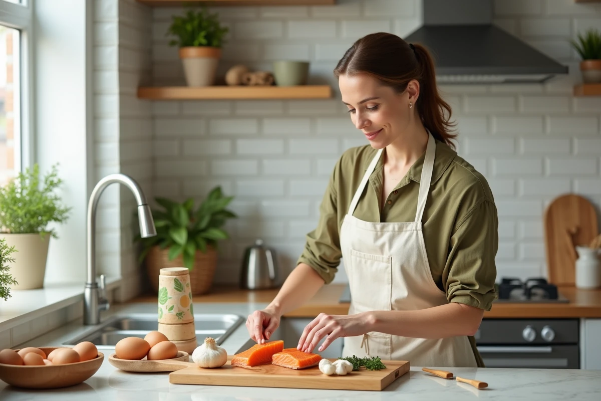 Femme préparant un plateau d'aliments riches en vitamine D comme le saumon, les œufs et les champignons dans une cuisine moderne
