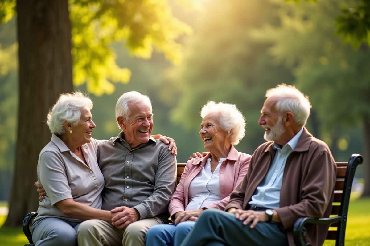 Groupe de seniors riant dans un parc ensoleille