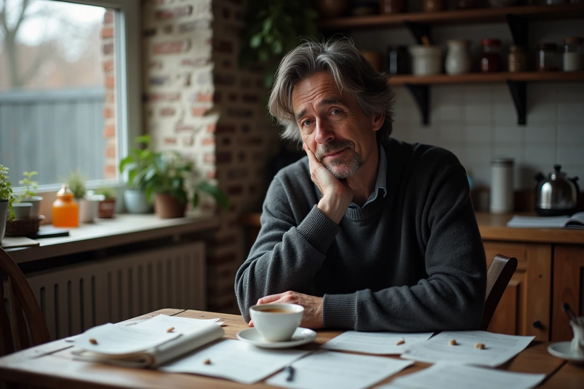 Artiste masculin réfléchissant chez lui entouré de partitions, symbolisant la pause forcée due à une maladie auto-immune