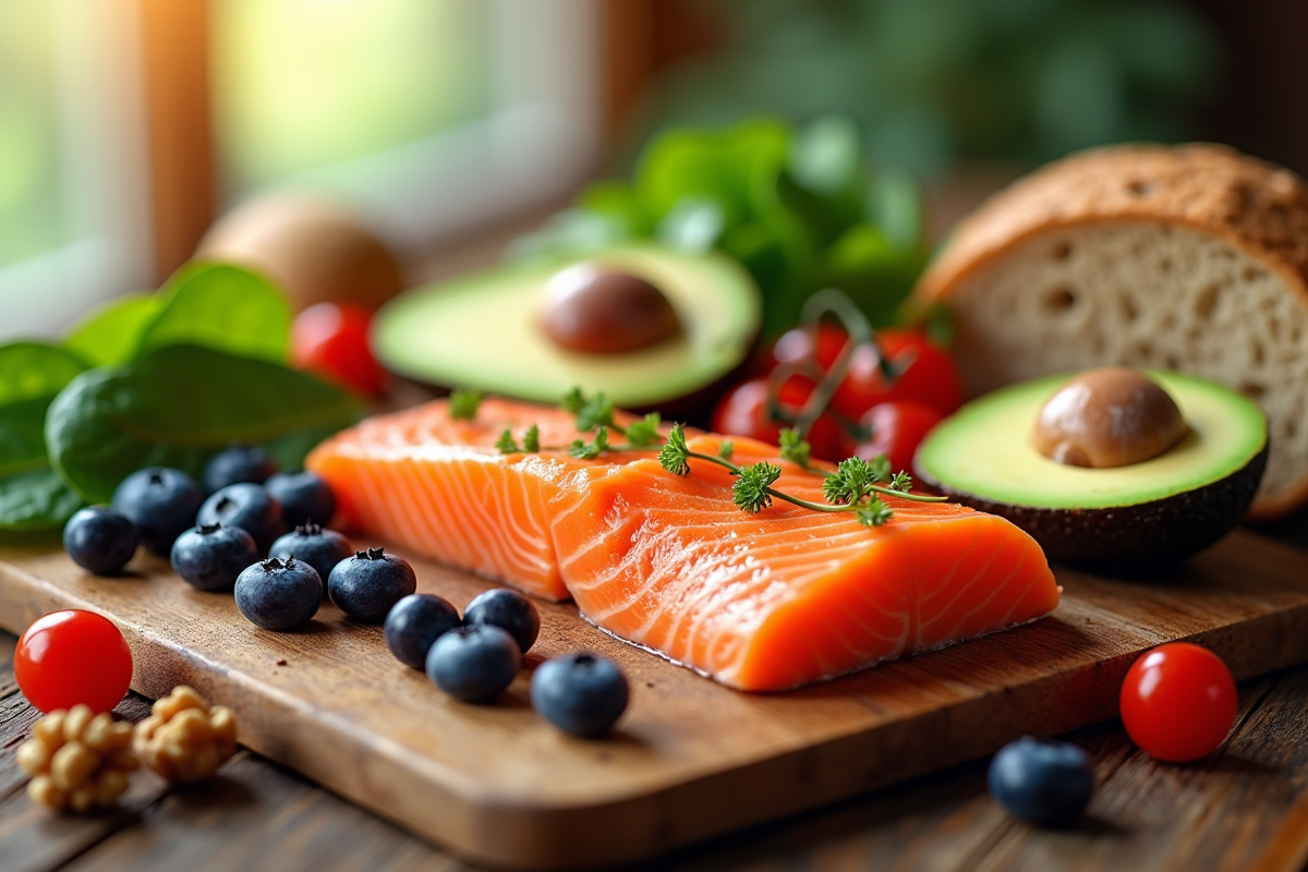 Assortiment d'aliments sains pour le coeur sur une table en bois