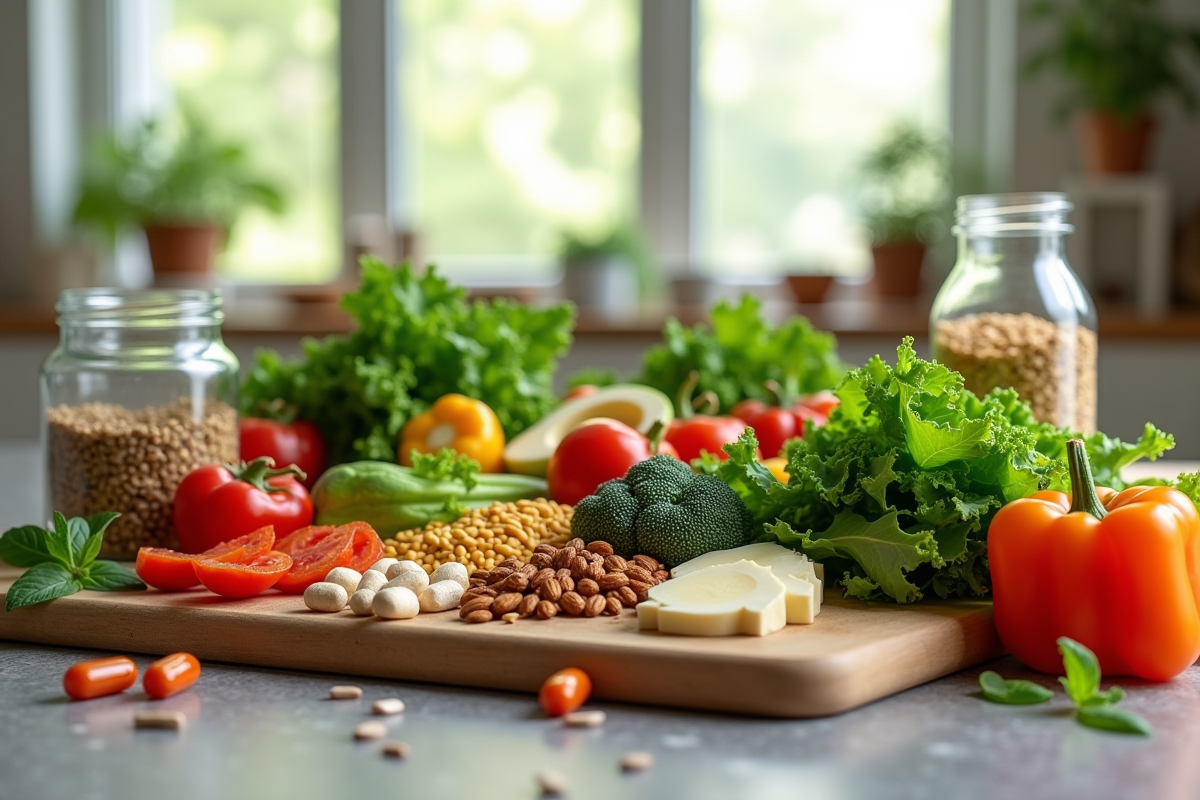 Groupe d'aliments vegan colorés sur une table lumineuse
