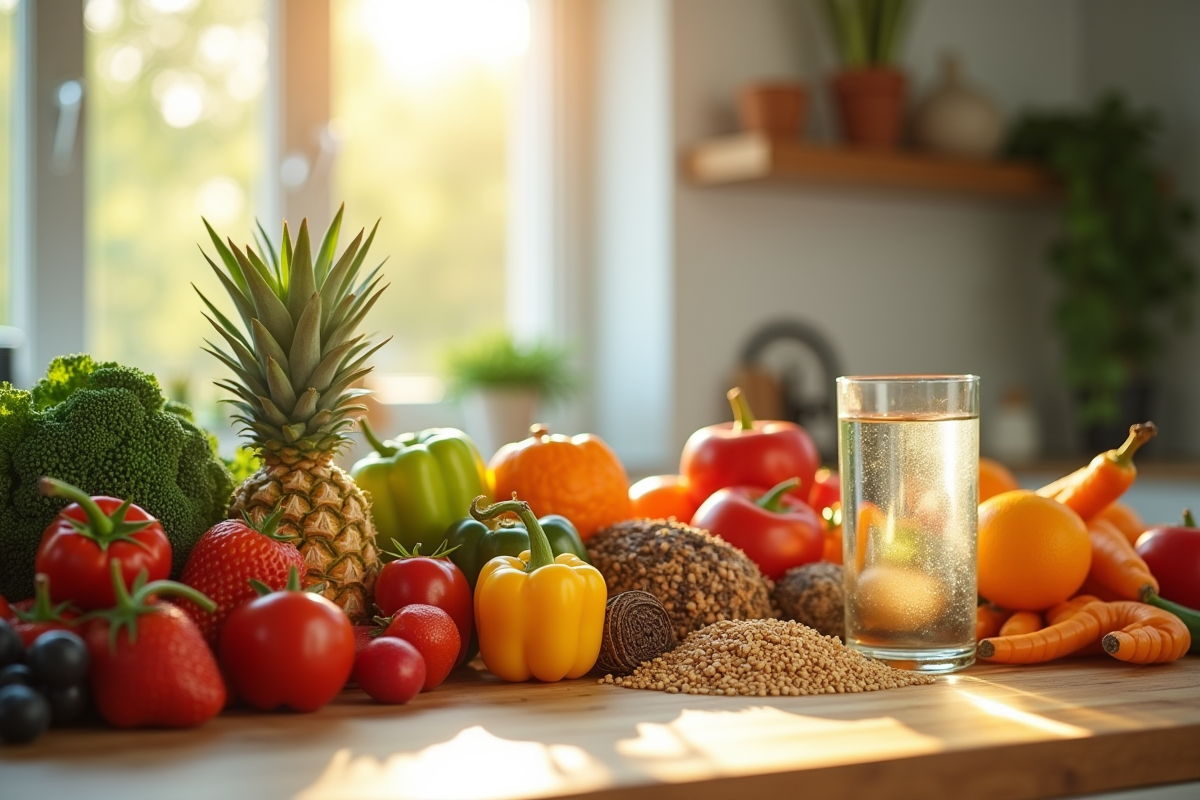 Assortiment de fruits et légumes frais sur table