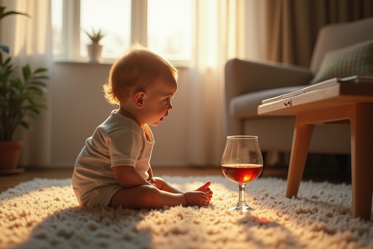 Bébé curieux regardant un verre de glof alcool dans le salon