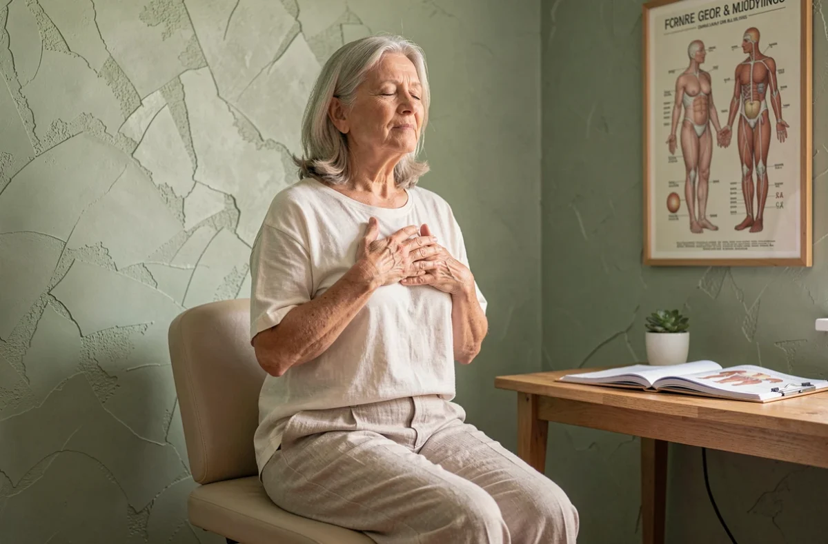 Femme en séance de bien-être global pratiquant la respiration consciente dans un cabinet de kinésithérapie apaisant
