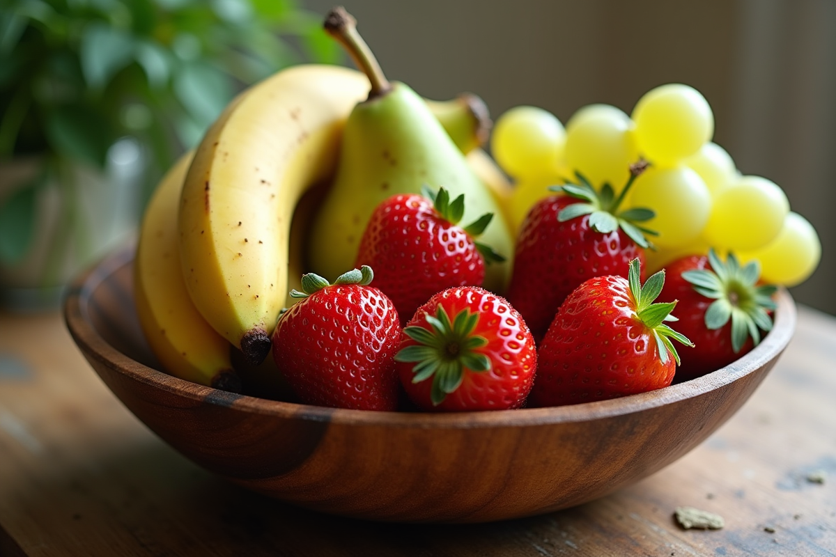 Bol en bois rempli de fruits colorés sur une table rustique