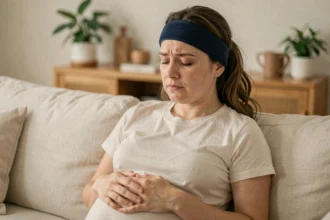 Femme enceinte portant un bonnet gel anti-migraine bleu sur le canapé à la maison