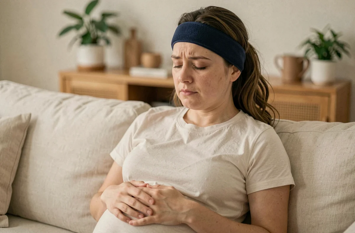 Femme enceinte portant un bonnet gel anti-migraine bleu sur le canapé à la maison