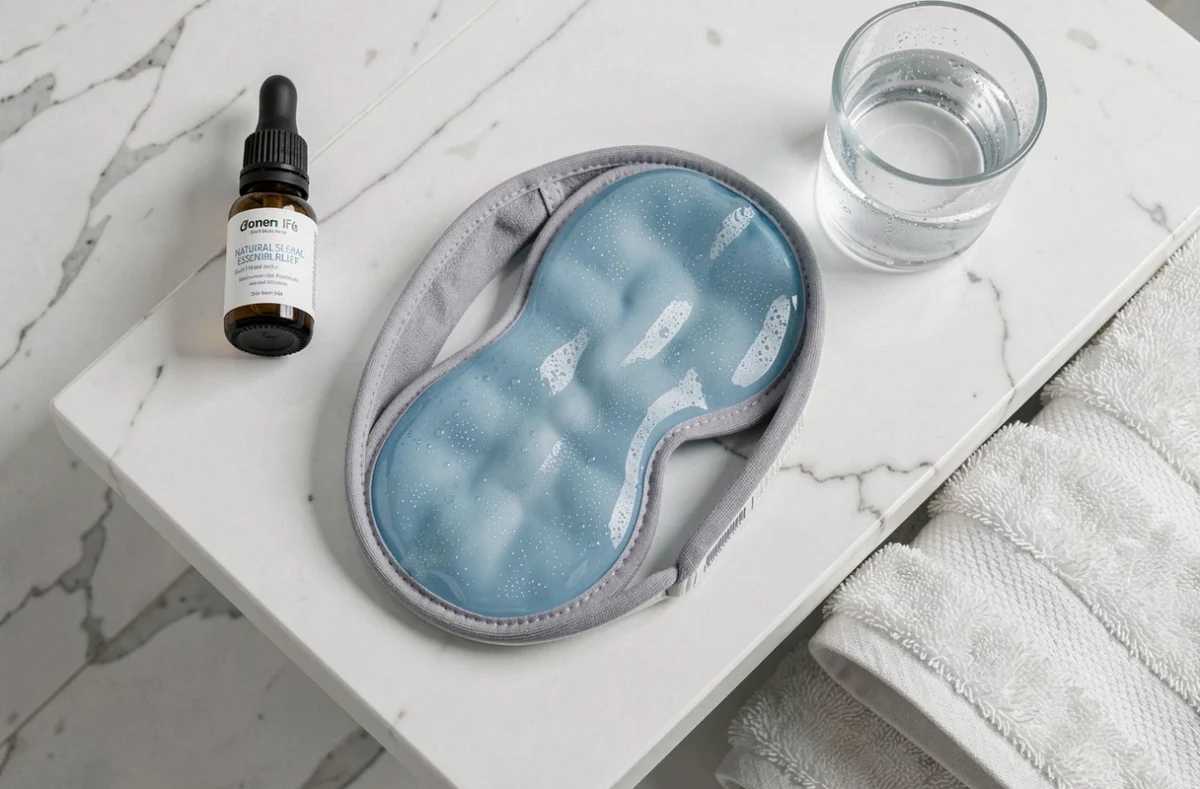 Bonnet gel anti-migraine et alternatives naturelles posés sur une étagère de salle de bain