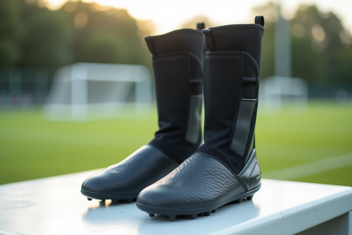 Bottes de récupération pneumatiques pour footballeurs posées sur un banc avec terrain de foot en arrière-plan flou