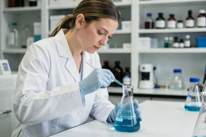 Scientifique en blouse blanche préparant une solution diluée avec une pipette et une fiole jaugée en laboratoire de chimie