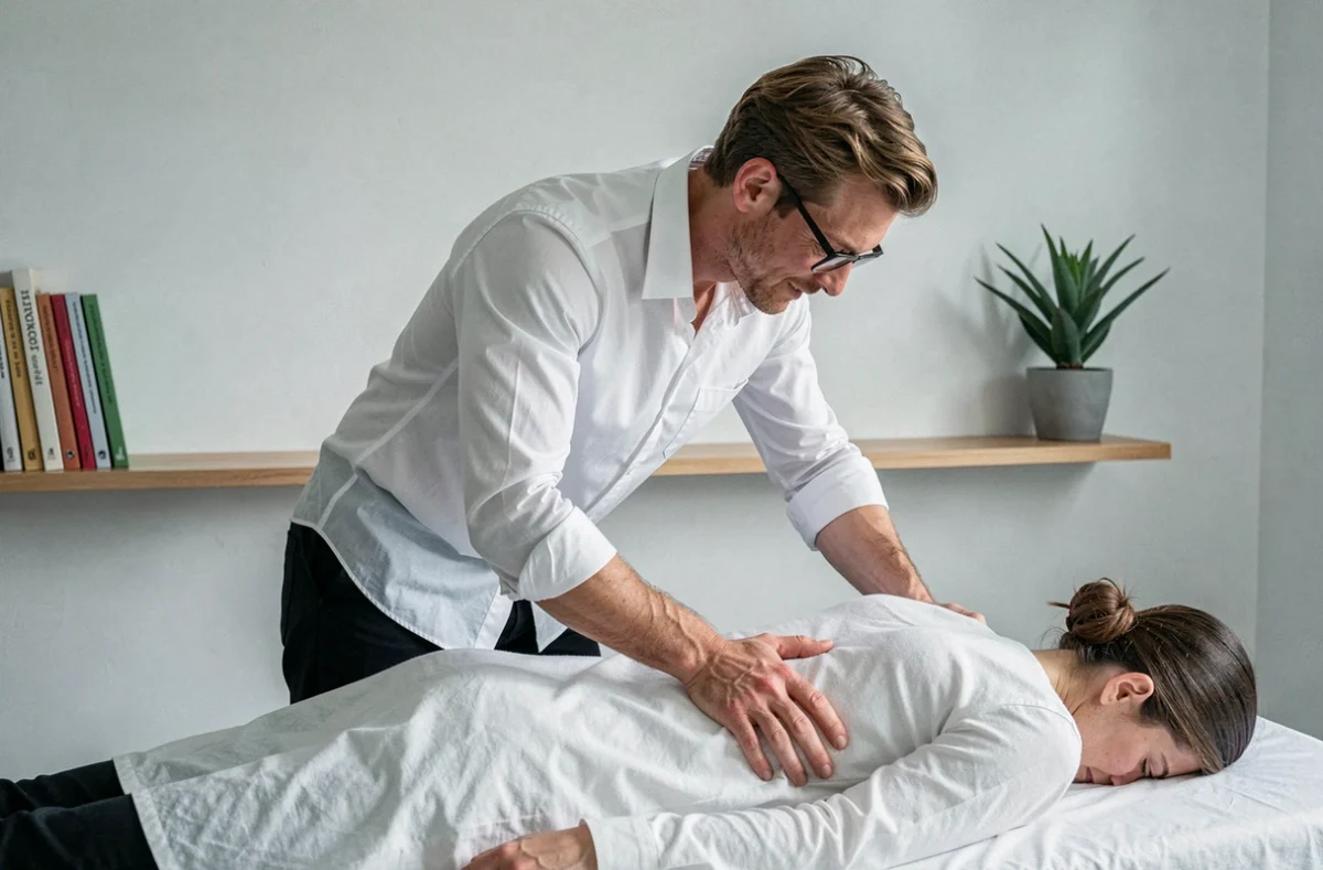 Charles Pometan ostéopathe appliquant une technique thoracique sur un patient à Bayonne