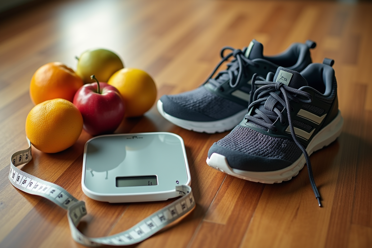 Chaussures de course et balance sur un sol en bois avec fruits frais