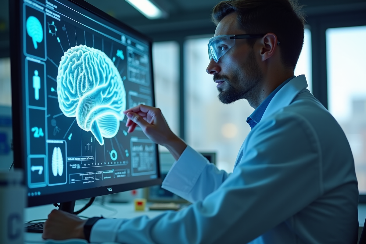 Scientifique examinant un modèle 3D du cerveau dans un laboratoire moderne