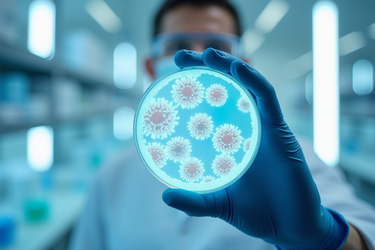 Chercheur en laboratoire tenant une boîte de virus lumineux