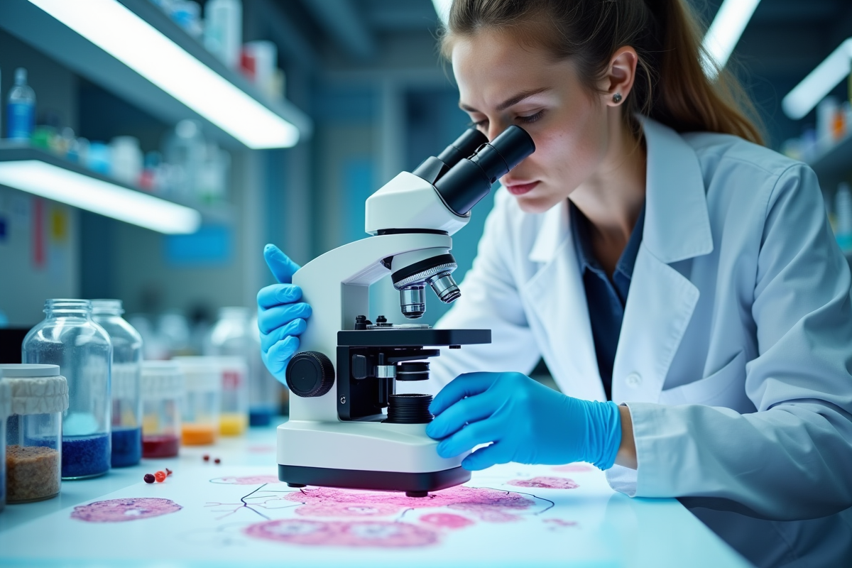 Chercheur en blouse examinant un microscope en laboratoire