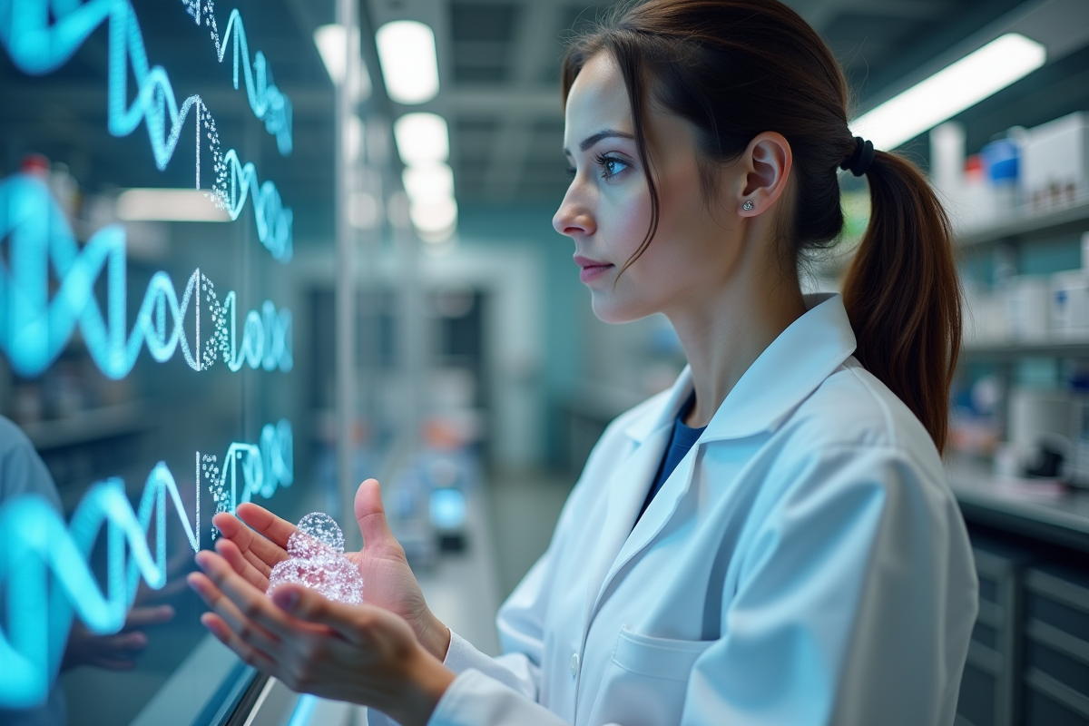 Chercheuse en laboratoire tenant un modele ADN