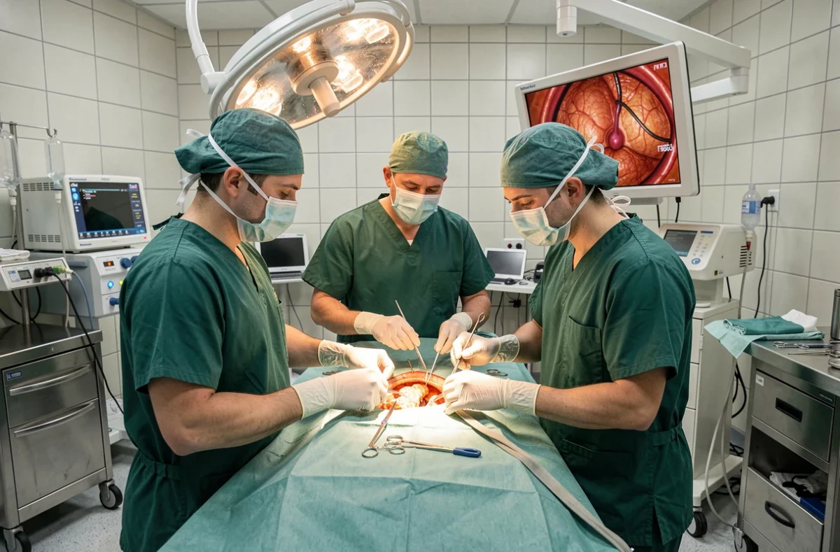 Équipe chirurgicale réalisant une cholécystectomie laparoscopique pour ablation de la vésicule biliaire