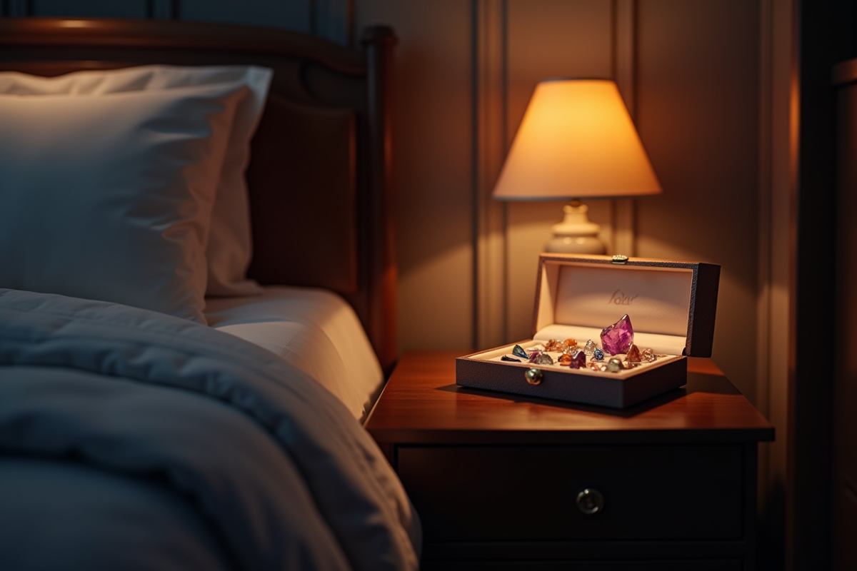 Boîte à bijoux ouverte sur une table de nuit éclairée par une lampe chaleureuse