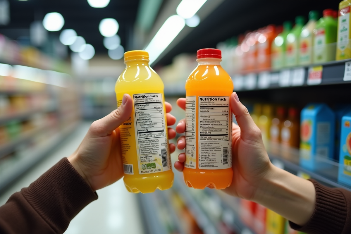 Deux mains comparant étiquettes nutritionnelles boissons