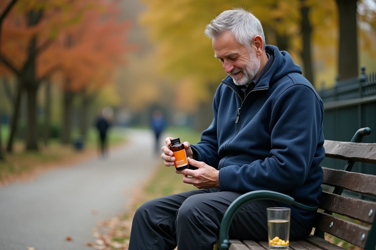 Homme consultant un flacon de compléments en vitamine D assis sur un banc dans un parc en automne