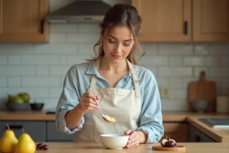 Maman préparant une compote maison pour bébé contre la constipation avec des poires et des pruneaux dans une cuisine en bois