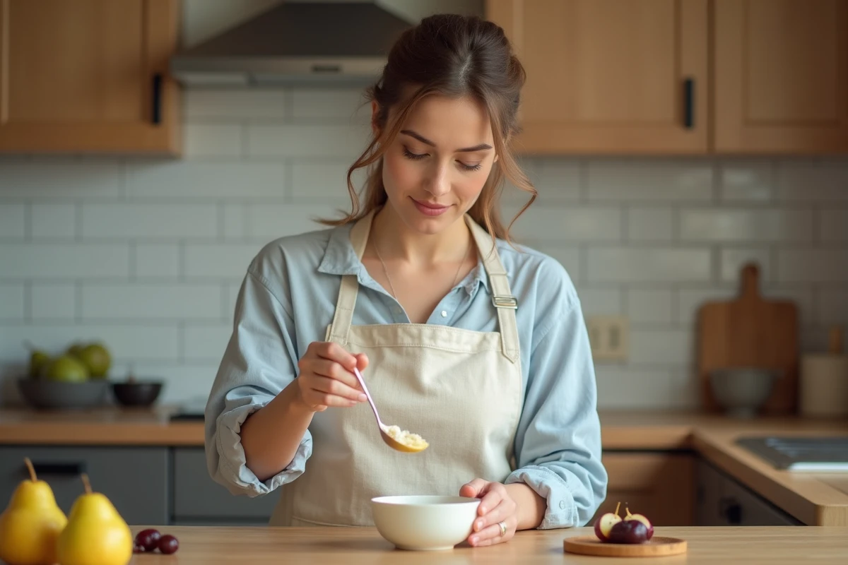 Maman préparant une compote maison pour bébé contre la constipation avec des poires et des pruneaux dans une cuisine en bois