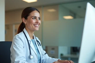 Professionnelle de santé connectée au portail Medisys sur un ordinateur de bureau dans un bureau médical moderne