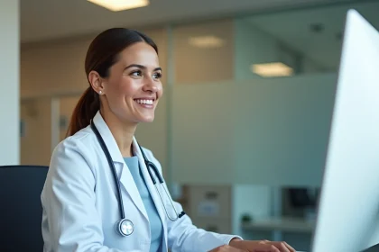 Professionnelle de santé connectée au portail Medisys sur un ordinateur de bureau dans un bureau médical moderne