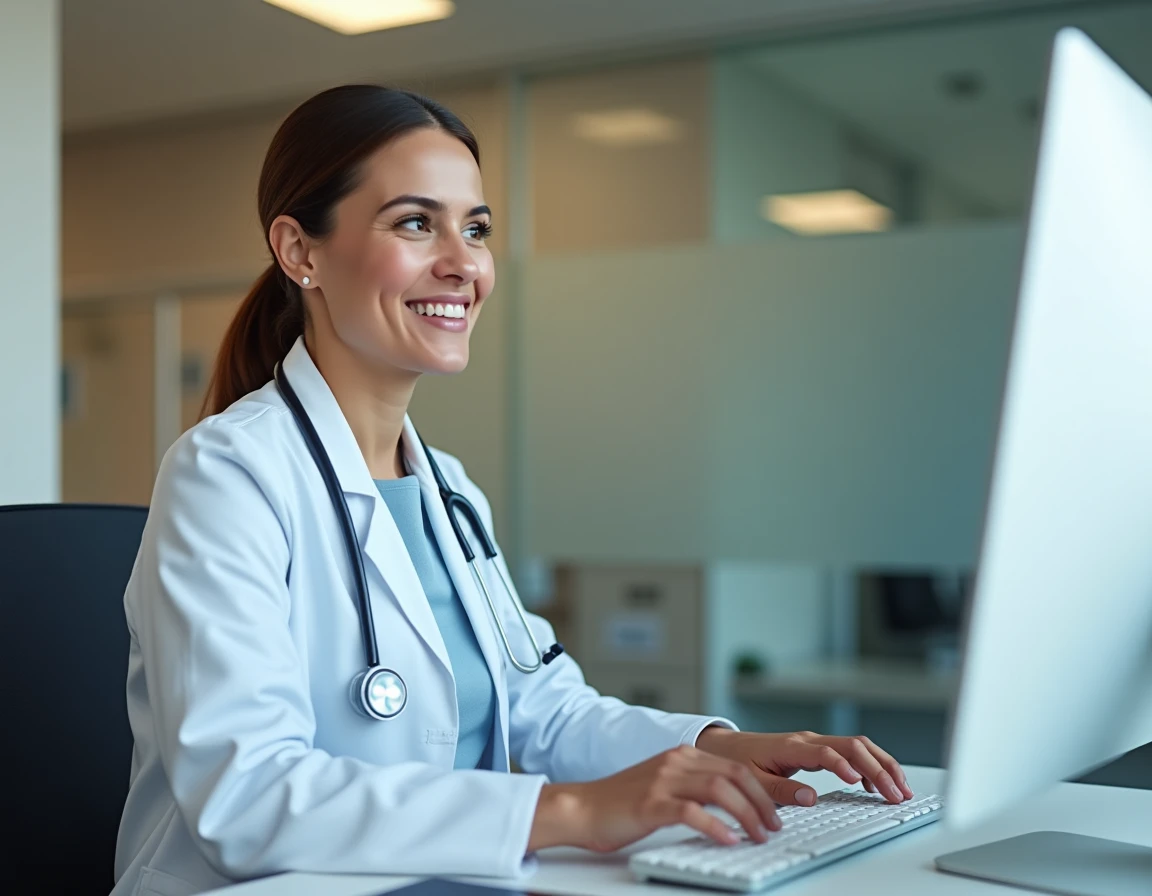 Professionnelle de santé connectée au portail Medisys sur un ordinateur de bureau dans un bureau médical moderne