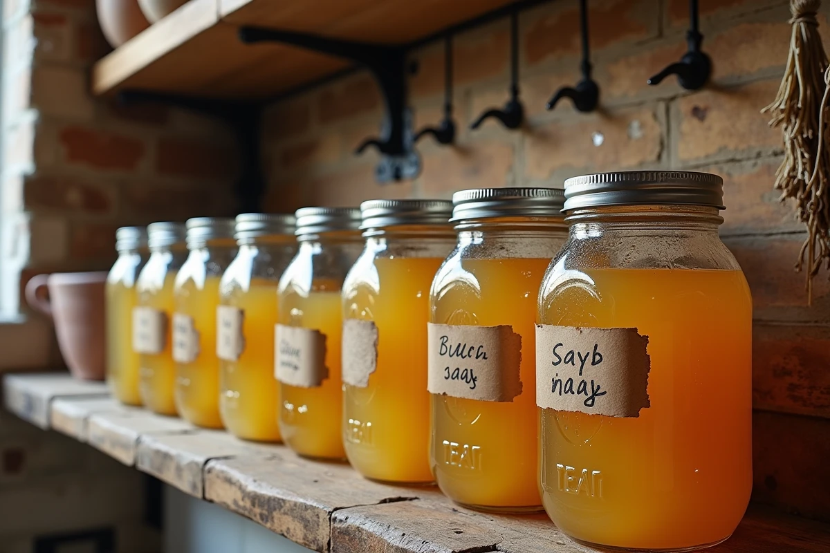 Bocaux en verre remplis de sève de bouleau conservés sur une étagère en bois dans une cuisine rustique avec étiquettes manuscrites