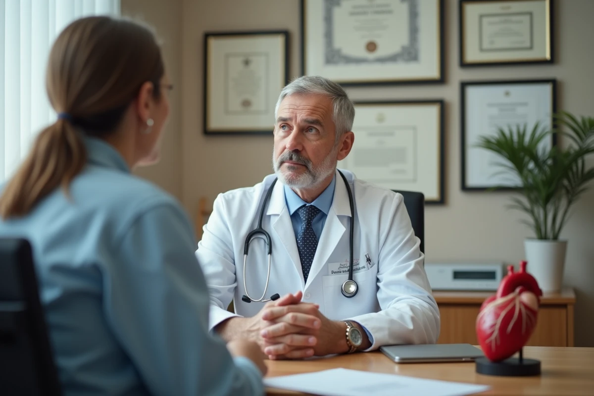Cardiologue expliquant les risques d'un stent à une patiente lors d'une consultation médicale sérieuse