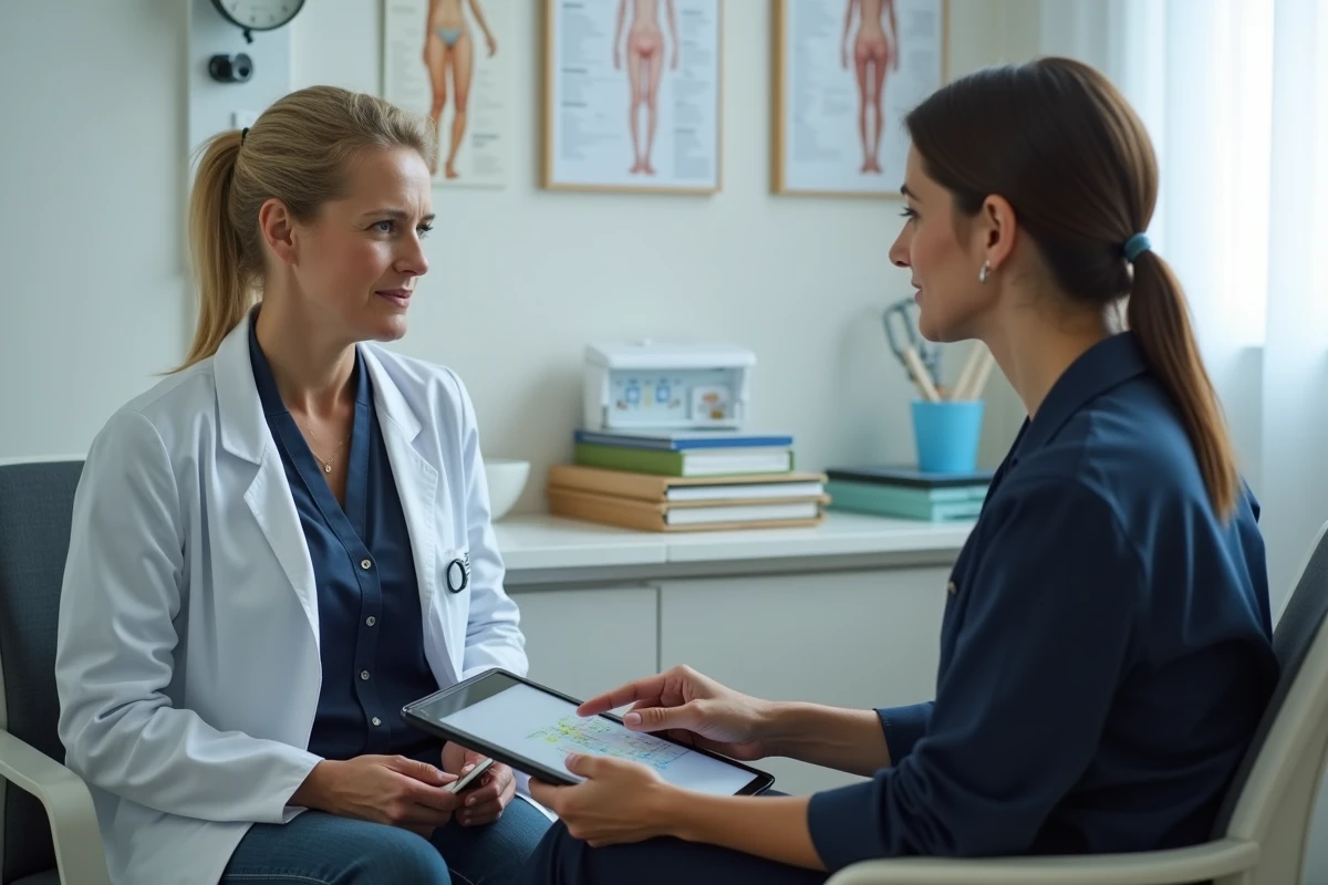 Patiente en consultation post-opératoire avec une gynécologue discutant des symptômes normaux après ablation de la trompe