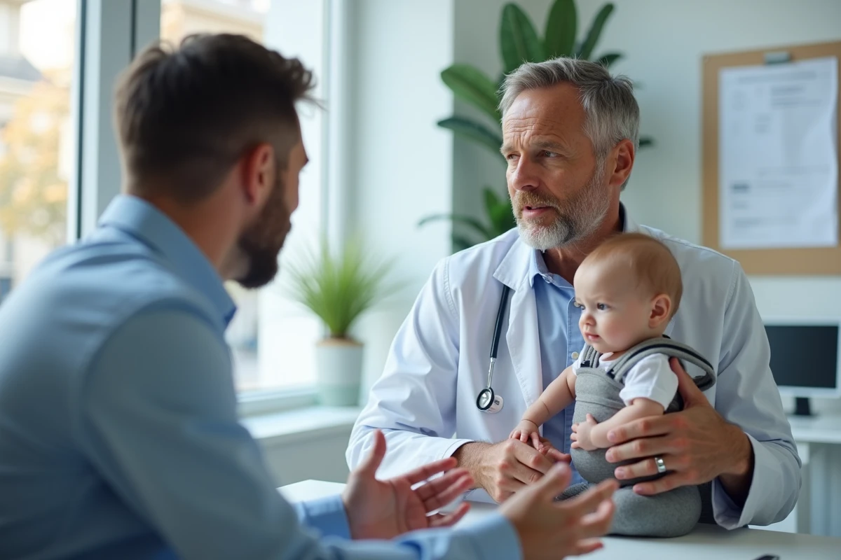 Médecin généraliste en consultation avec un père débordé tenant son bébé dans une maison médicale