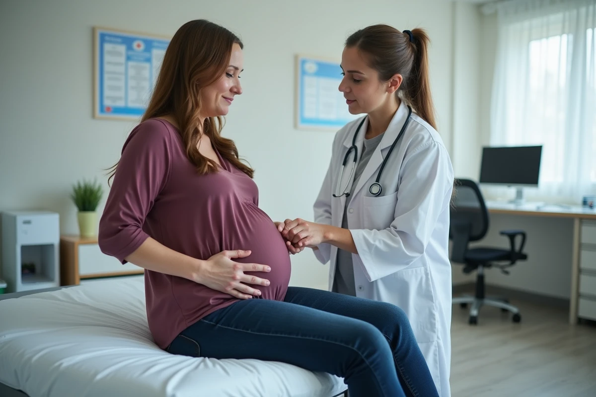 Médecin examinant l'aine droite et le bas-ventre d'une patiente en cabinet médical