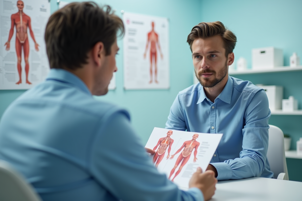 Jeune homme écoutant un expert expliquant un diagramme médical