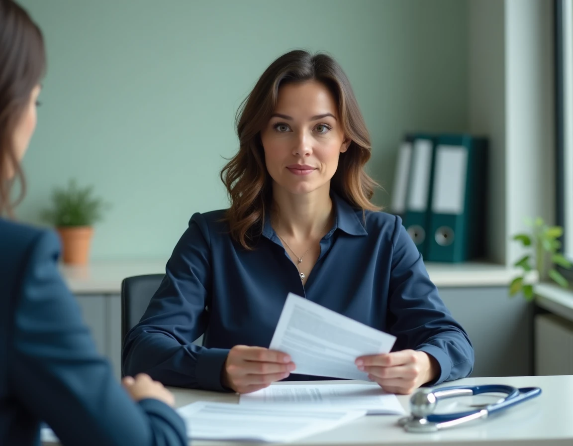 Femme en consultation médicale tenant une notice de pilule contraceptive pour poser des questions à son médecin