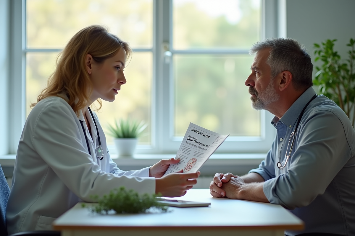 Médecin montrant une notice de thym à une femme inquiète