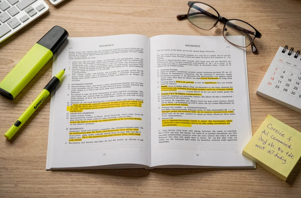 Gros plan sur un contrat d'assurance santé ouvert avec annotations, délais de carence et exclusions surlignés