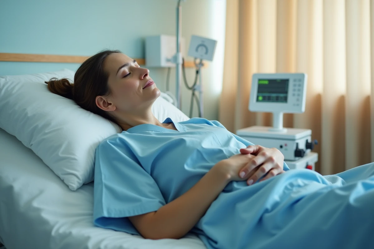 Femme en convalescence allongée sur un lit d'hôpital après une opération gynécologique, main posée sur le bas-ventre