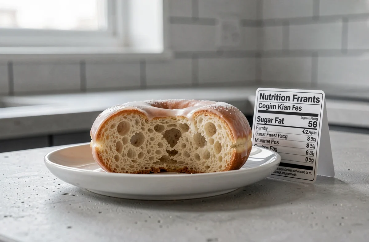 Coupe transversale d'un donut Krispy Kreme glacé révélant sa mie aérée, accompagnée d'une fiche détaillant les calories, sucres et graisses