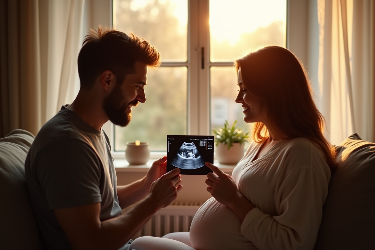 Couple à la maison regardant une échographie avec bonheur
