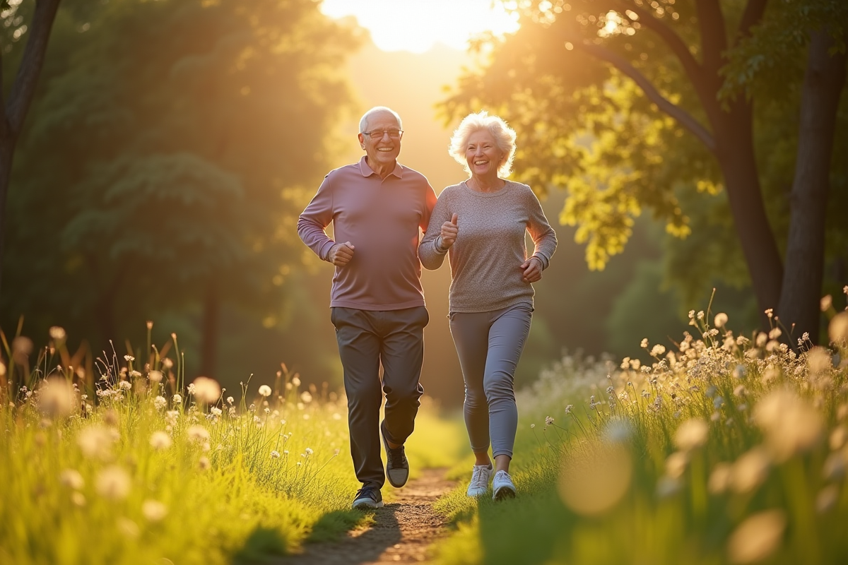 Couple agee courant dans un parc ensoleille