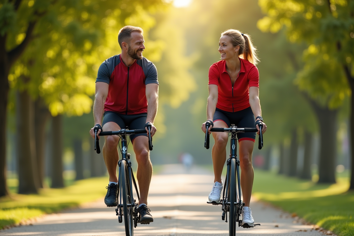 Couple en vélo dans un parc ensoleille avec gear professionnel